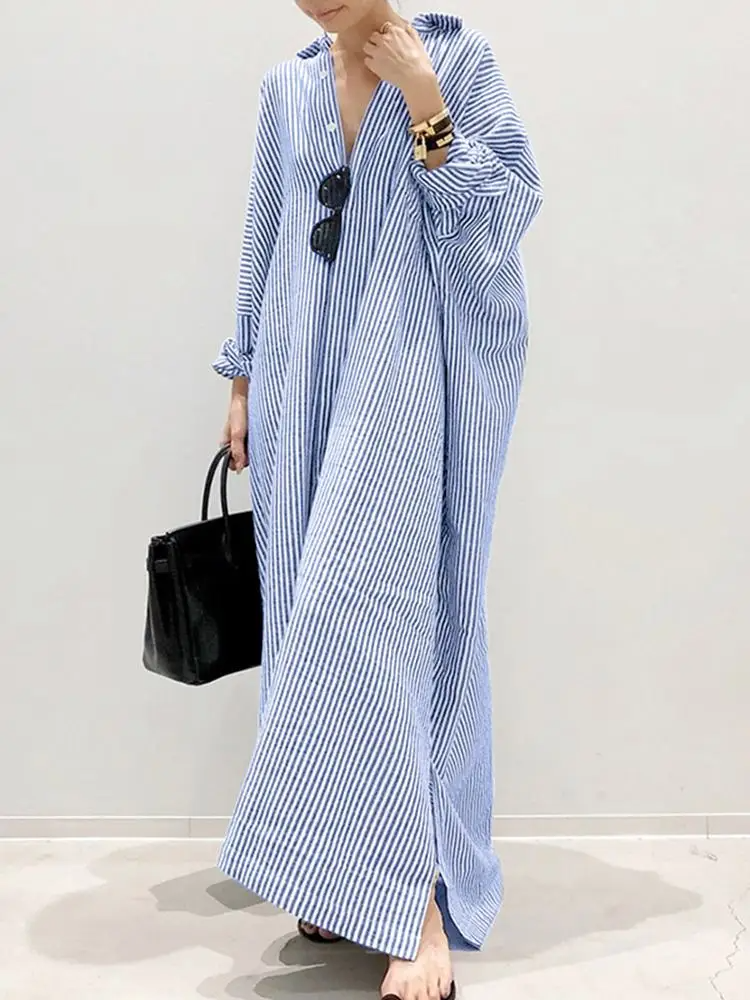 Alyssa – Robe Longue – Manches Bouffantes Rayée – Multicolore