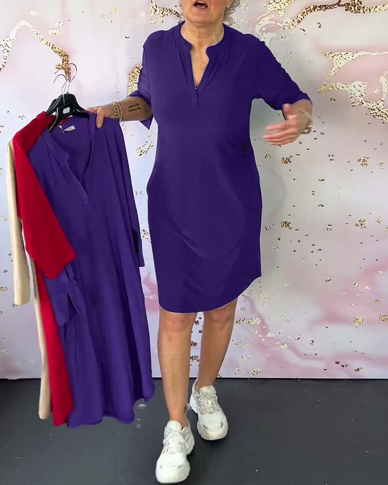 Olivia – Robe Décontractée Confortable à Col V Uni - Bleu