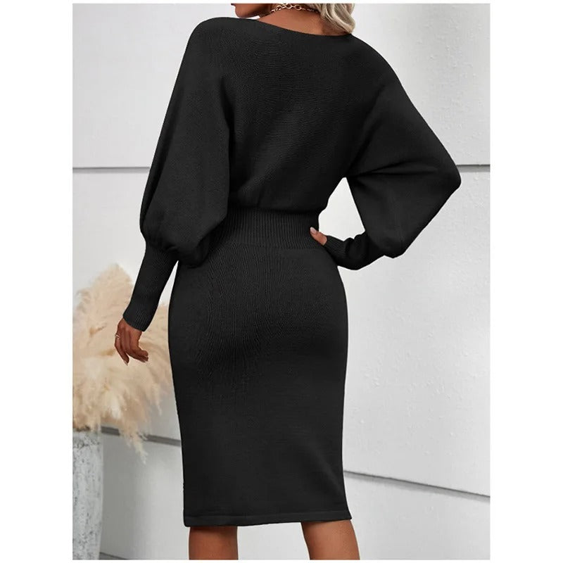 Avery – Robe Moderne Col Rond Manches Longues - Noir