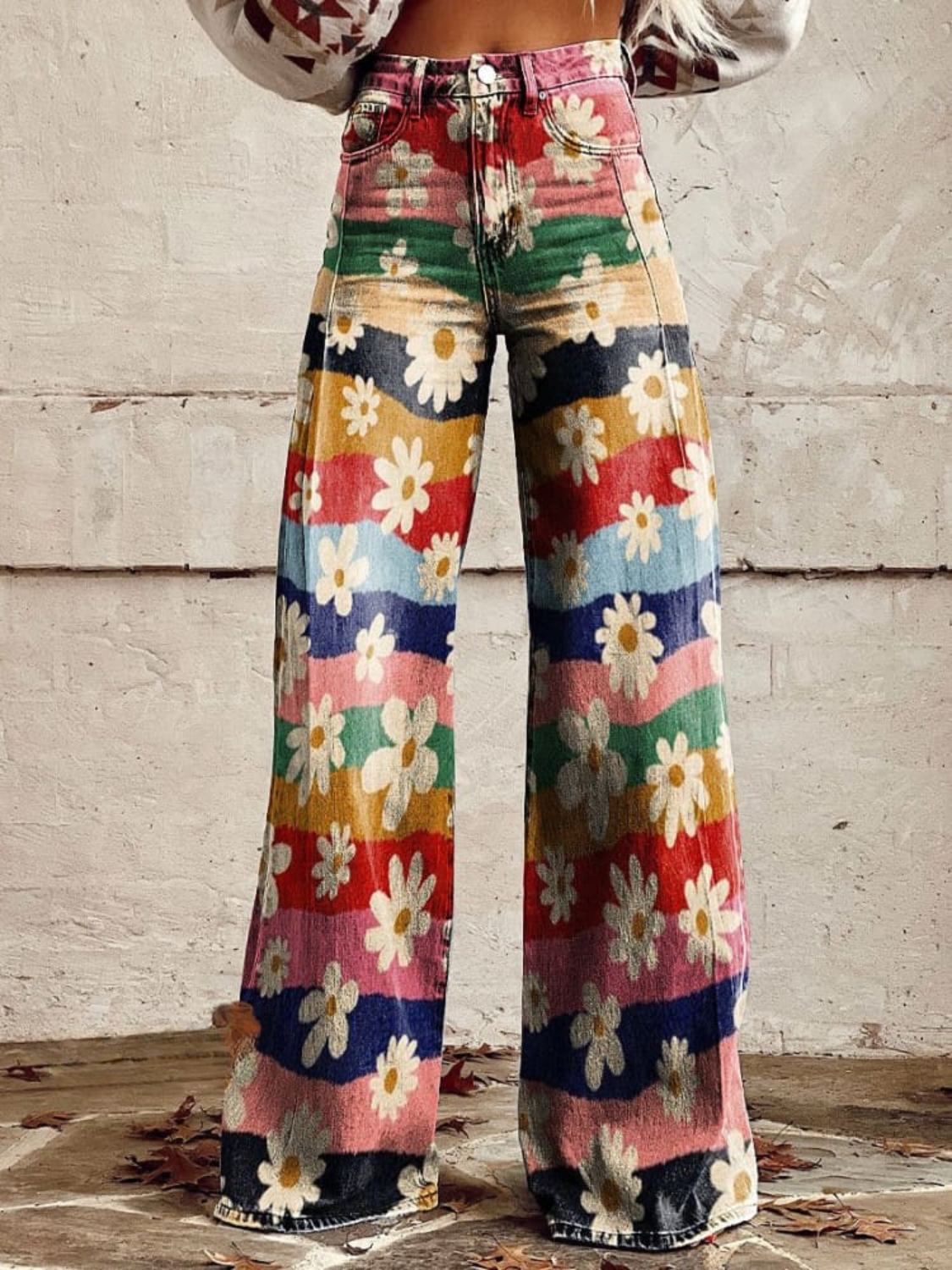 Lily – Pantalon Large Confortable à Rayures Fleuries Vintage