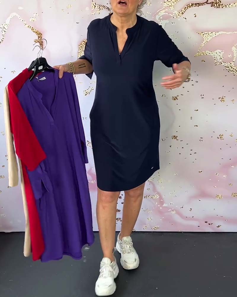 Olivia – Robe Décontractée Confortable à Col V Uni - Bleu