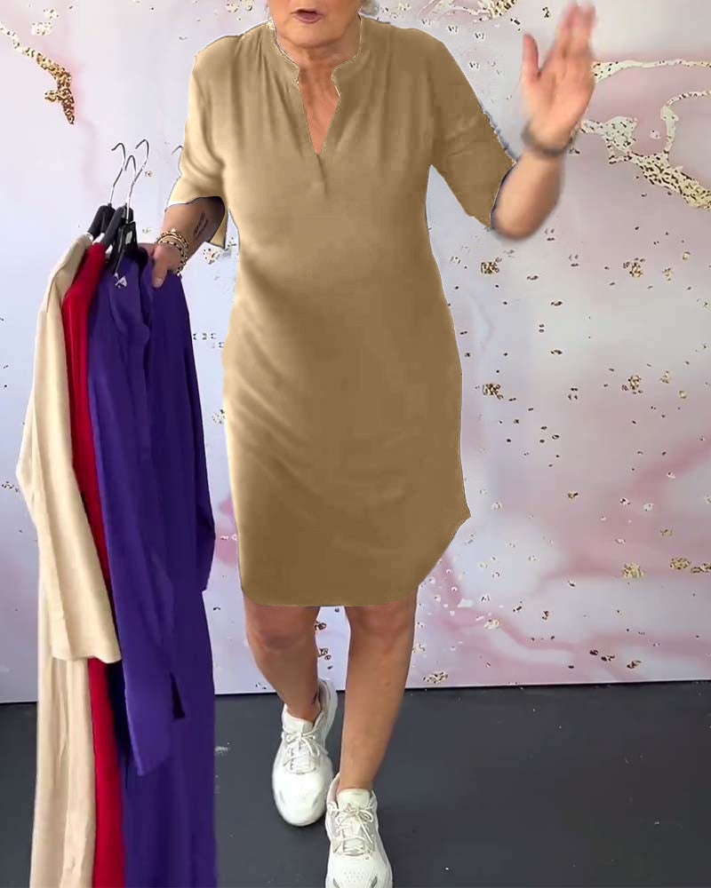 Olivia – Robe Décontractée Confortable à Col V Uni - Bleu