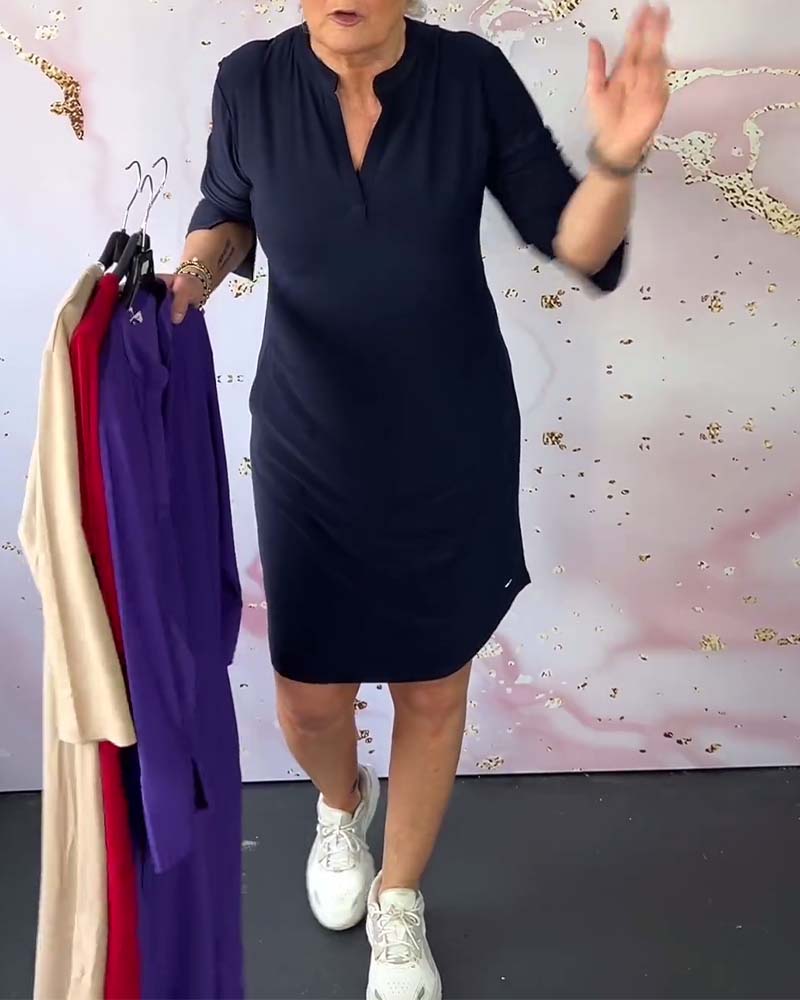 Olivia – Robe Décontractée Confortable à Col V Uni - Bleu