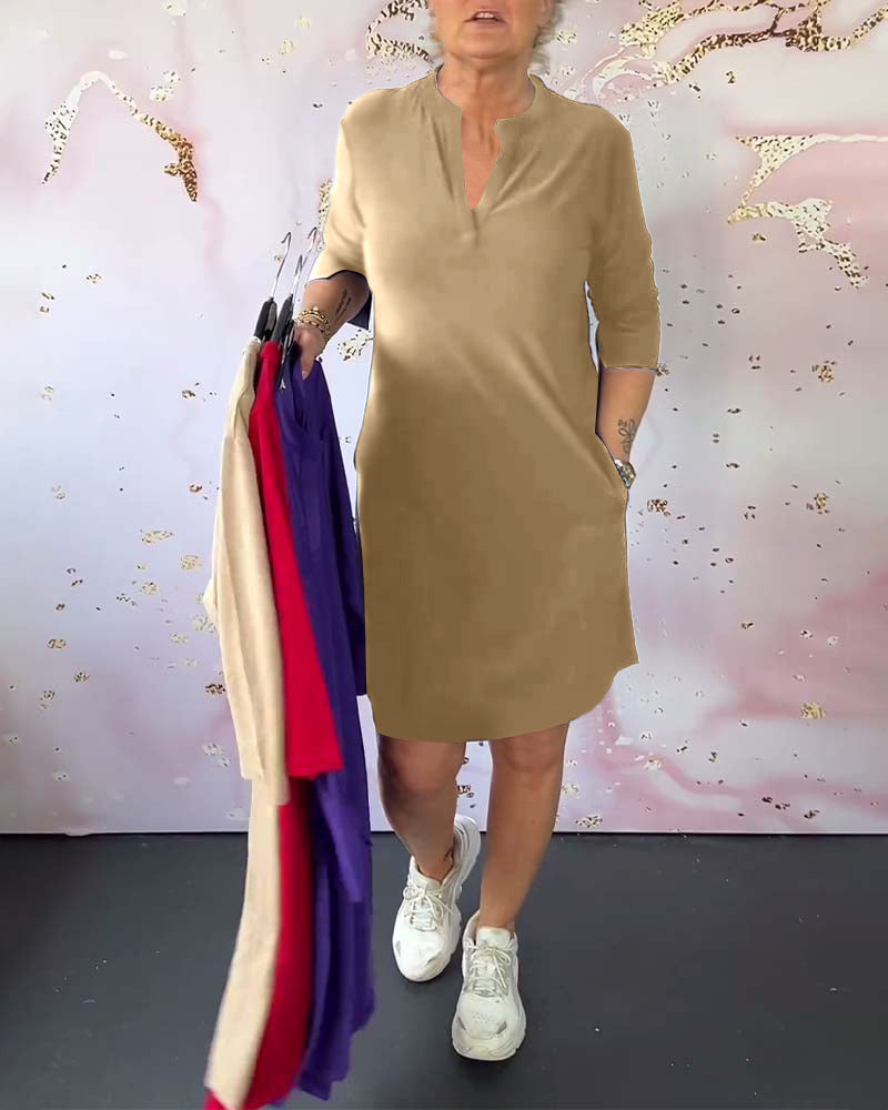 Olivia – Robe Décontractée Confortable à Col V Uni - Bleu