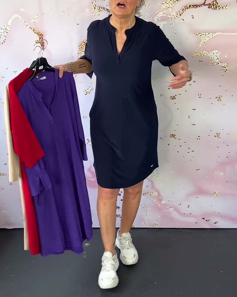Olivia – Robe Décontractée Confortable à Col V Uni - Bleu