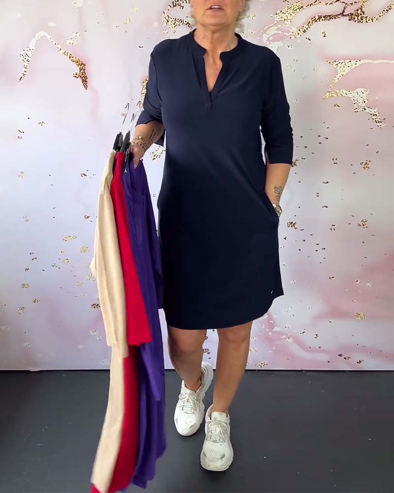 Olivia – Robe Décontractée Confortable à Col V Uni - Bleu