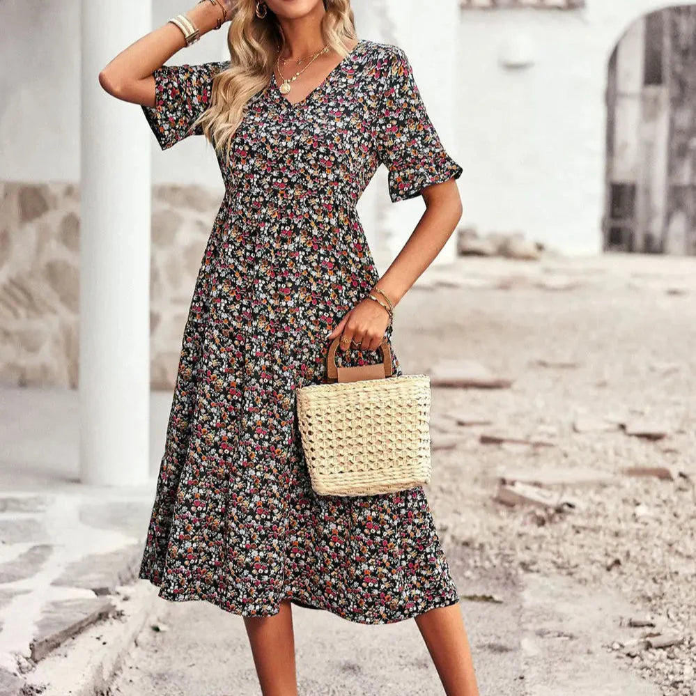 Layla – Robe Élégante Col V Imprimée - Noir