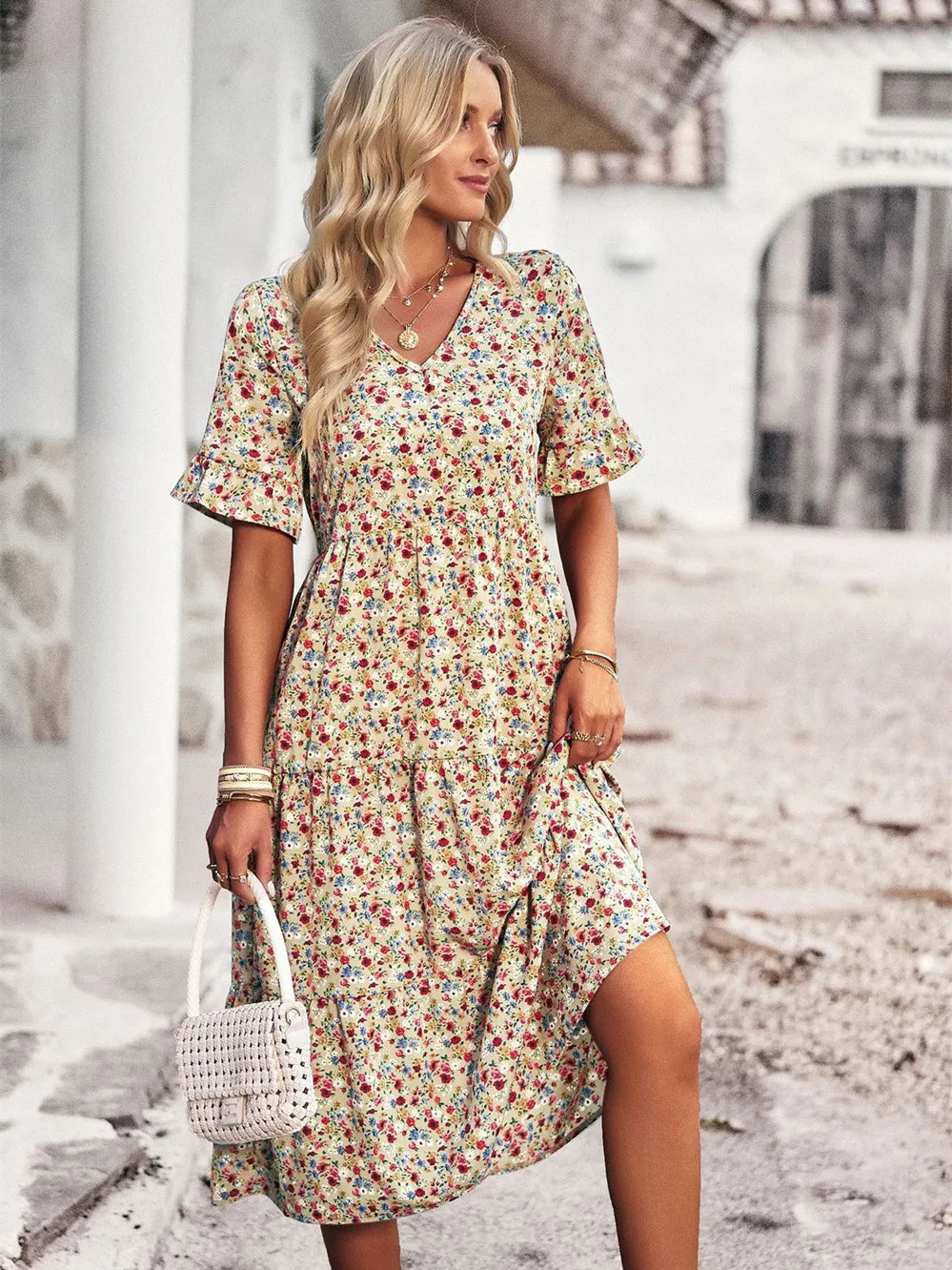 Layla – Robe Élégante Col V Imprimée - Noir