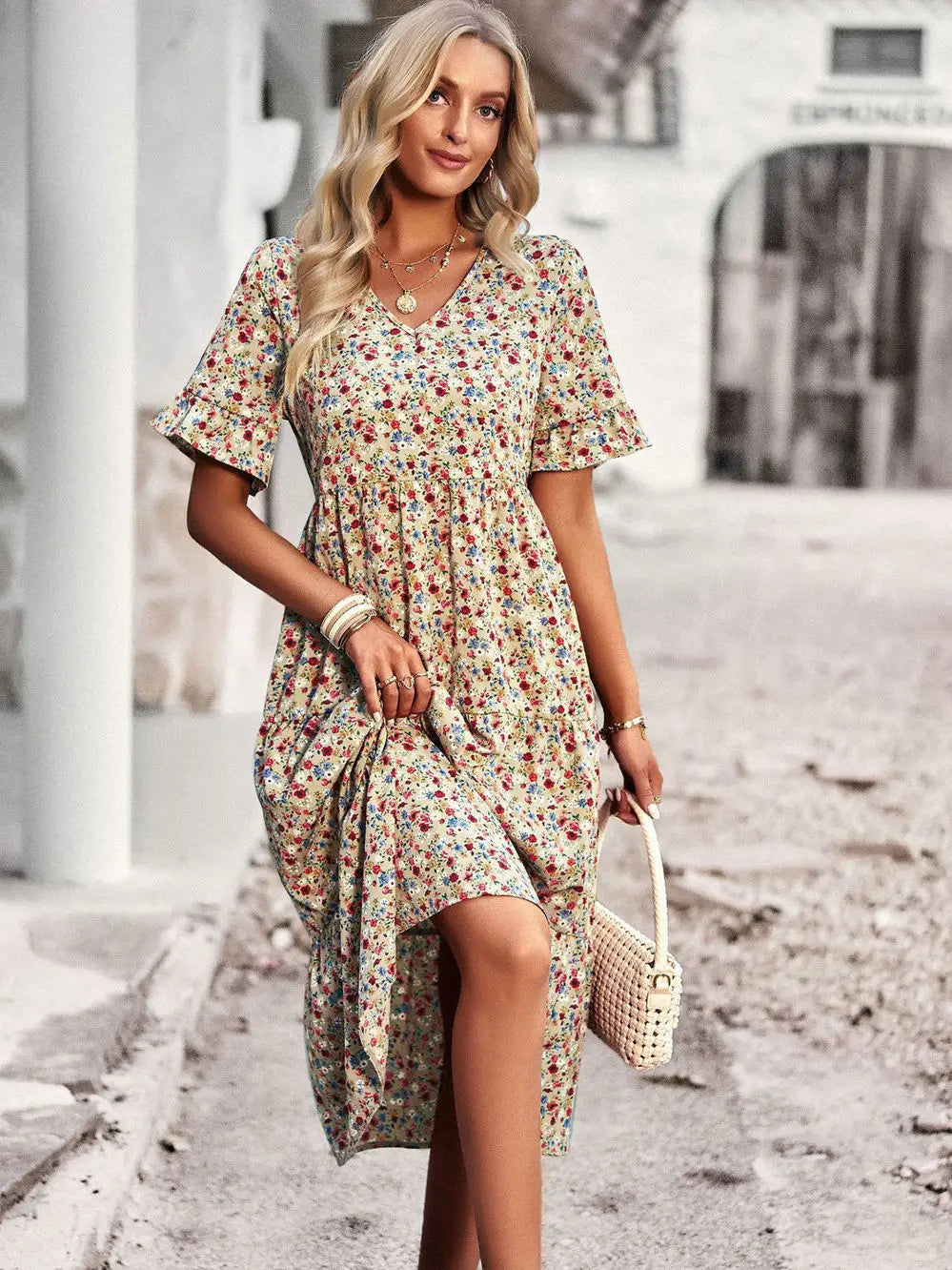Layla – Robe Élégante Col V Imprimée - Noir