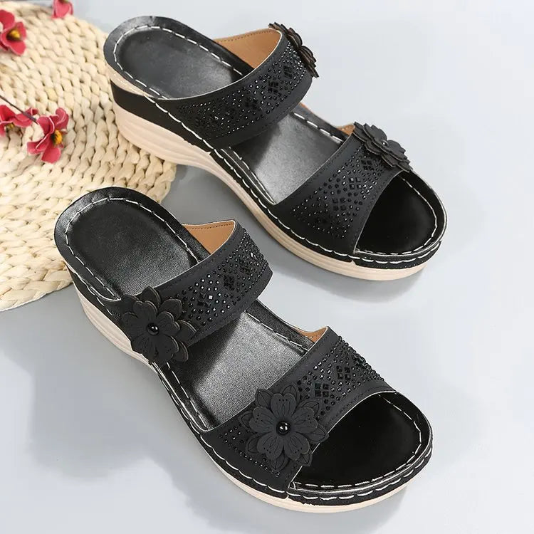 Mia – Sandales Compensées Ouvertes Confortables – Noir
