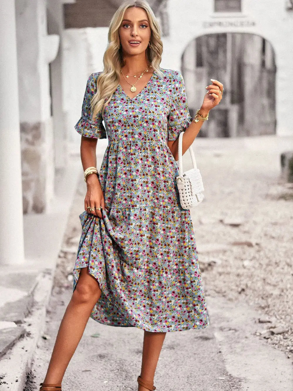 Layla – Robe Élégante Col V Imprimée - Noir