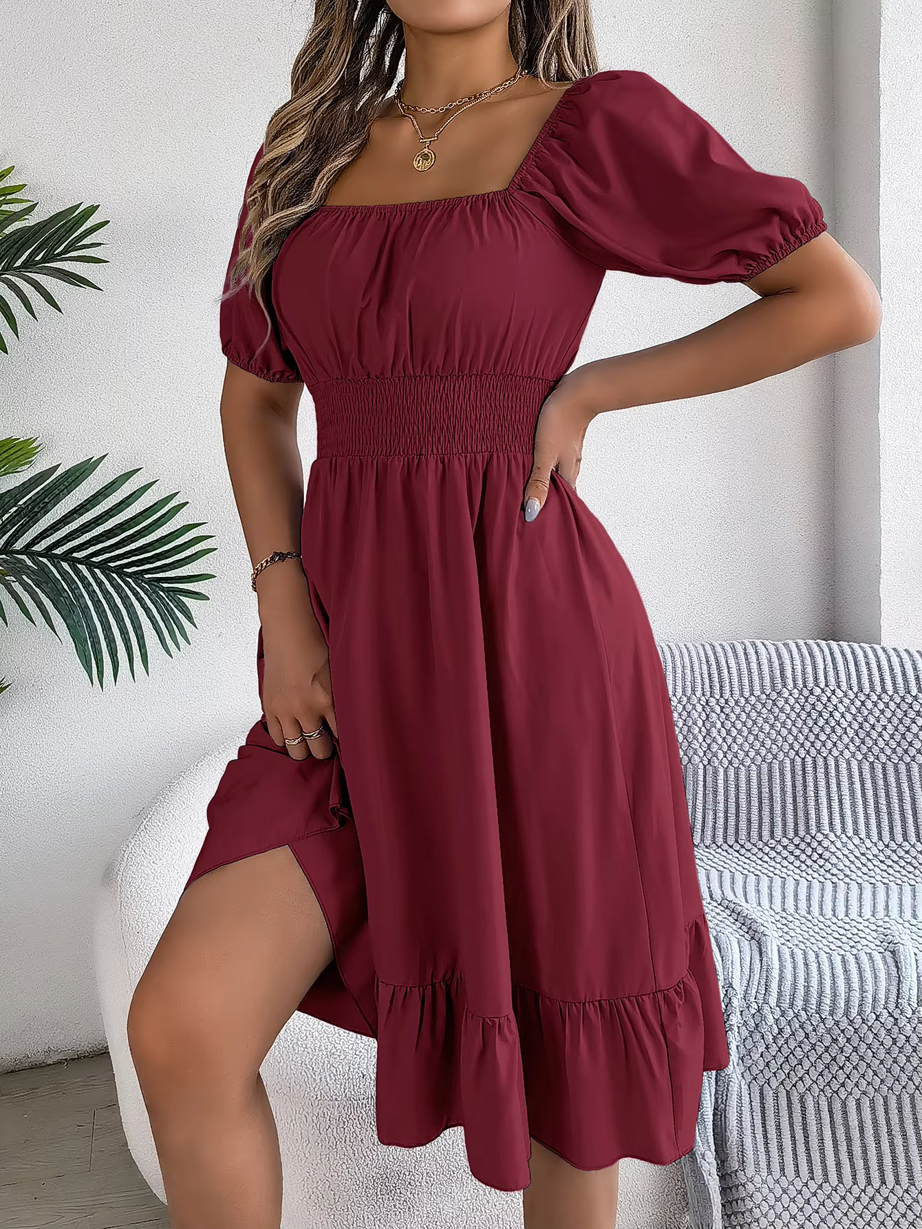 Riley – Robe Élégante Manches Courtes Col V en Lin - Bordeaux