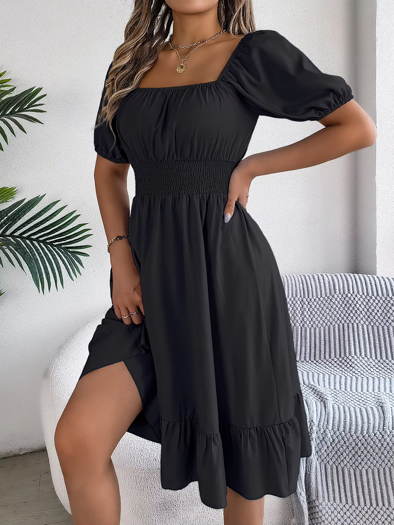 Riley – Robe Élégante Manches Courtes Col V en Lin - Bordeaux