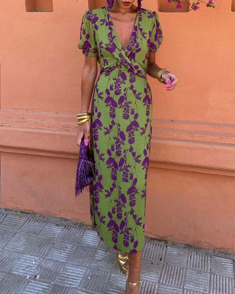 Aria - Robe Élégante à Col V Profond avec Motif Feuilles