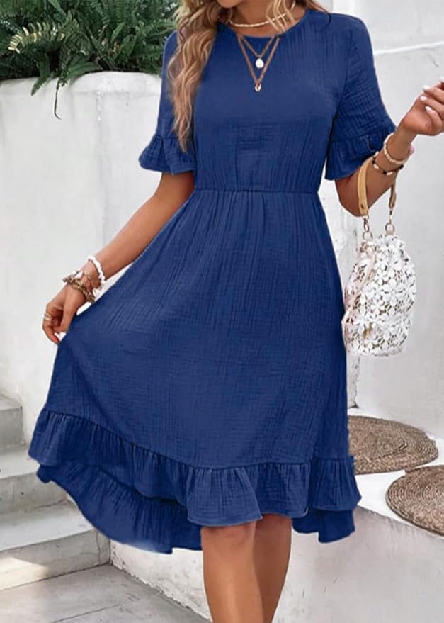 Avery - Robe Élégante à Col Rond Volanté
