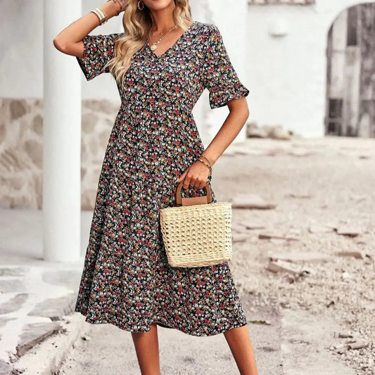 Layla – Robe Élégante Col V Imprimée - Noir