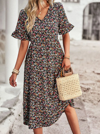 Layla – Robe Élégante Col V Imprimée - Noir