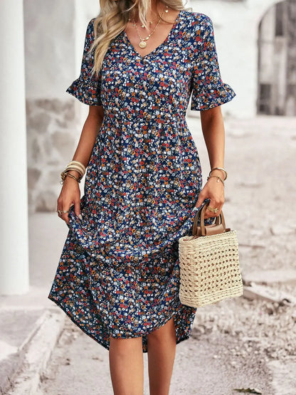 Layla – Robe Élégante Col V Imprimée - Noir