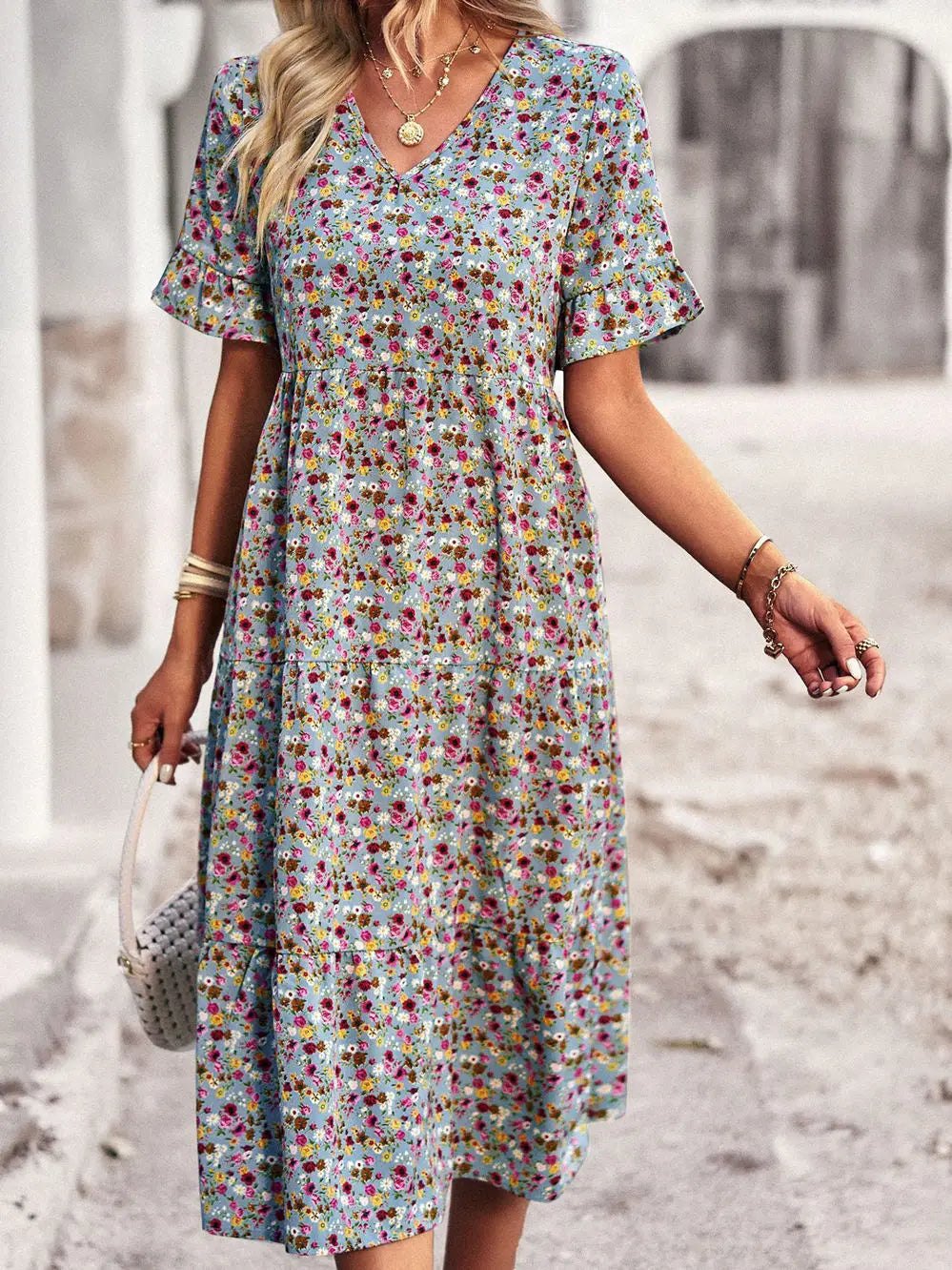 Layla – Robe Élégante Col V Imprimée - Noir