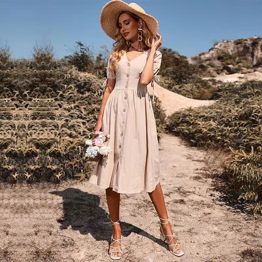 Layla - Robe Longue Élégante avec Col en V et Taille Haute